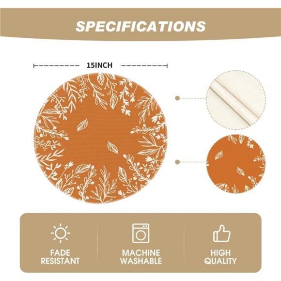 Orange Eucalyptus Leaves Round Fall Placemats Set of 4, 14 Inch Seasonal Autumn - Picture 6 of 7